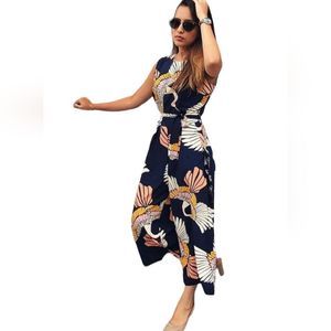 Cranes Print Navy Blue Wide Leg Jumpsuit XL